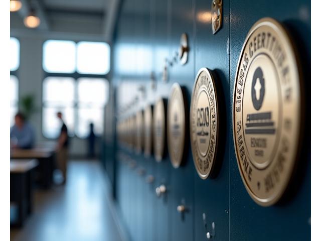Various quality and safety certification badges displayed, symbolizing trust and professionalism.